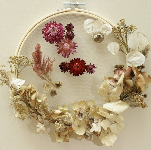 Decorative wreath made of dried flowers grown and preserved in my flower farm 